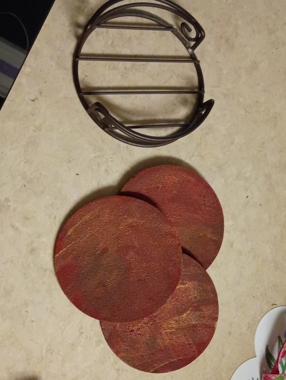 Vintage Set Of 3 Painted Red Textured Round Corkscrew Coasters And Metal Coaster